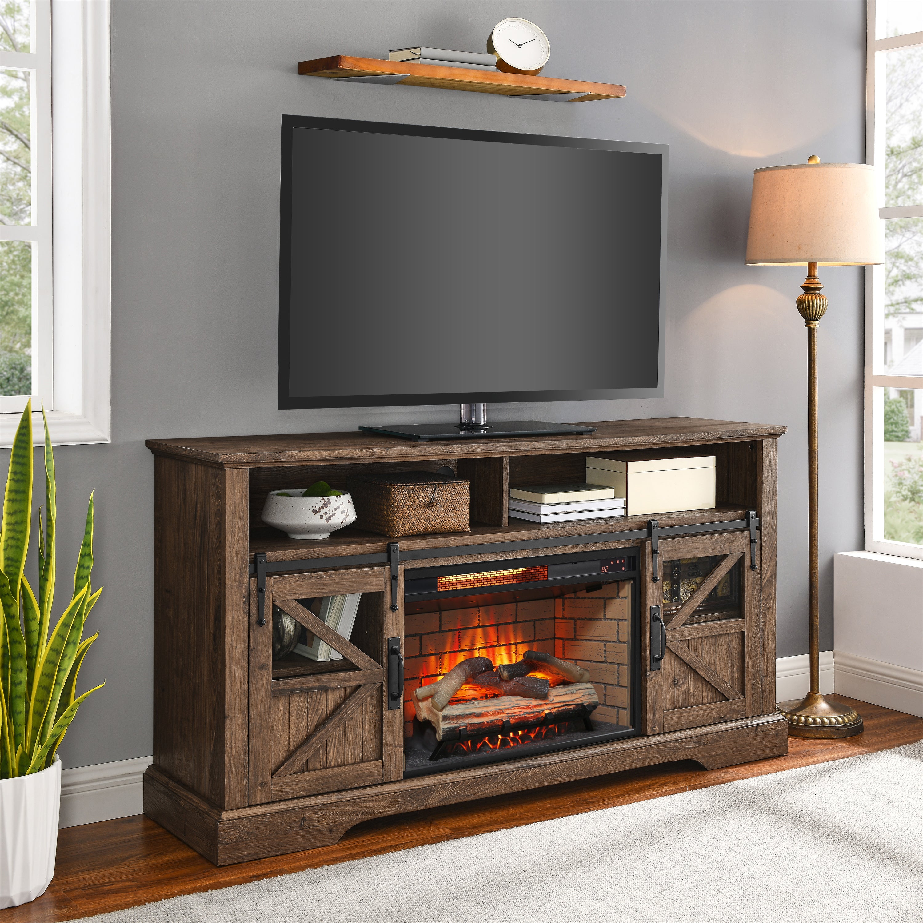 60 Inch Electric Fireplace  Entertainment Center With Door Sensor-Reclaimed Barnwood Color - Grand Goldman Shop