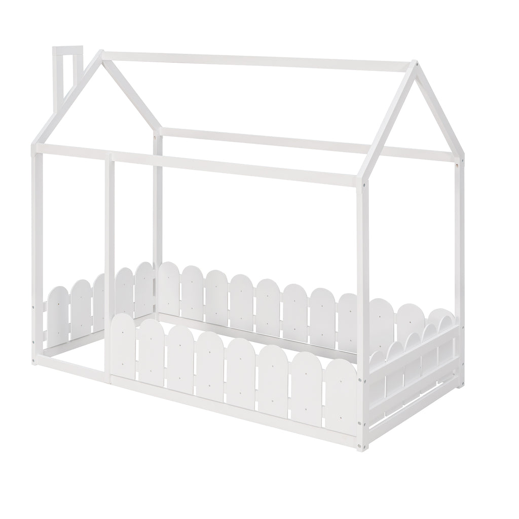 {Slats are not included}Twin Size Wood Bed House Bed Frame with Fence,for Kids,Teens, Girls,Boys {White}{OLD SKU:WF194274AAK} - Grand Goldman Shop