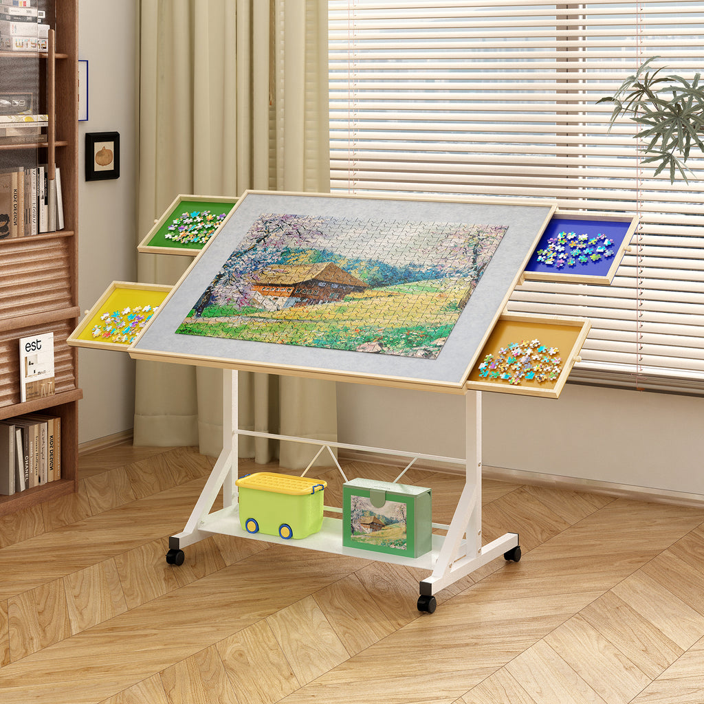 Stylish (WHITE) Wooden 1500 Piece Puzzle Table with Drawer, 35'*27.17' Adjustable Puzzle Table, 360° Tilting Puzzle Table wit