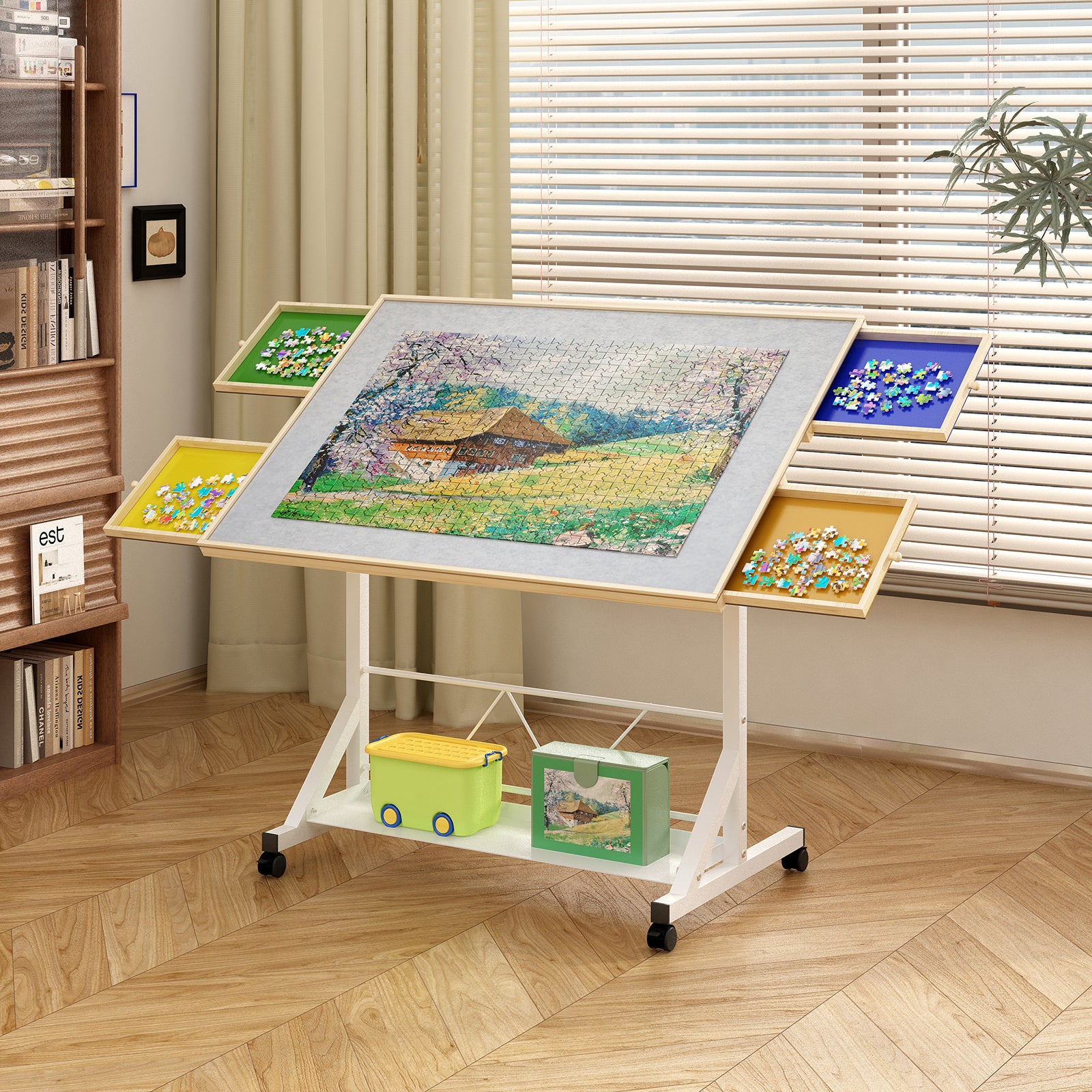 Stylish (WHITE) Wooden 1500 Piece Puzzle Table with Drawer, 35'*27.17' Adjustable Puzzle Table, 360° Tilting Puzzle Table wit