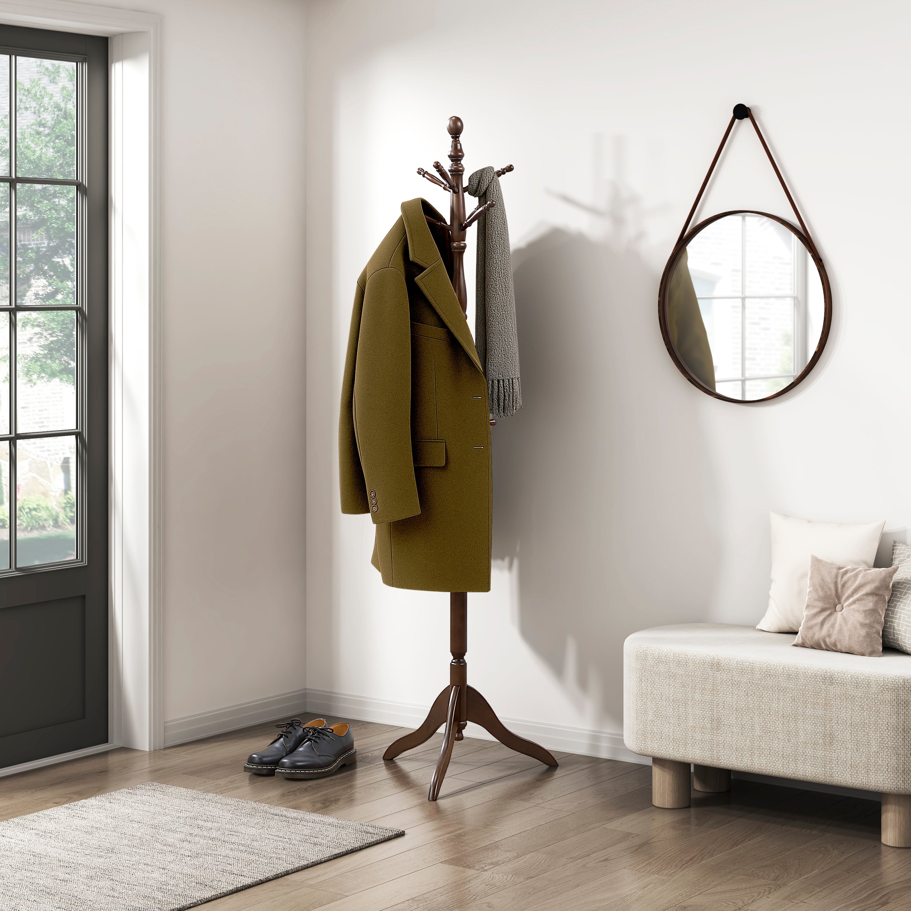 Dark Brown Finish Classic Coat Rack Solid Wood, 10 Hooks Coat Hanger Stand Entryway Home Furniture 1pc - Grand Goldman Shop