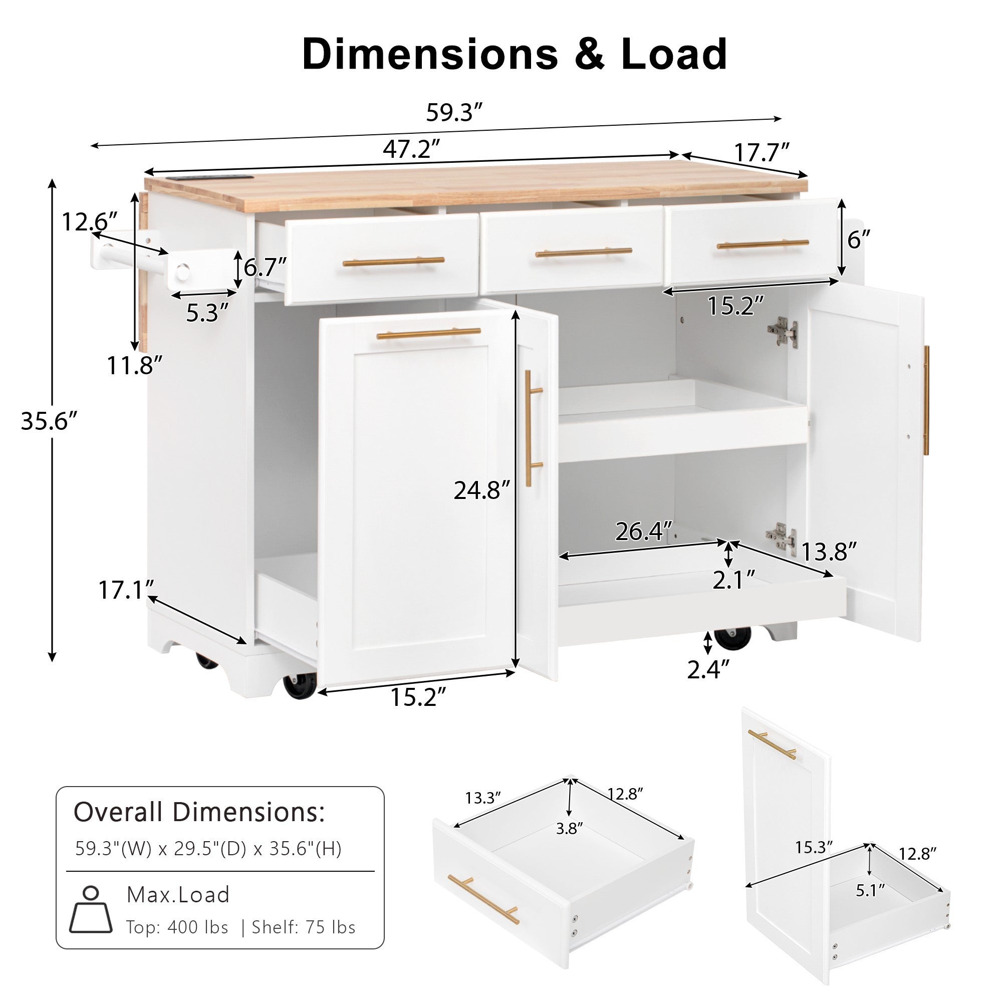 K&K 59.3' Kitchen Island with Storage 2 Pull Out Cabinet Organizers & Rubber Wood Drop Leaf, Rolling Kitchen Island with Trash Can Storage, Power Outlet, Spice & Towel Rack for Kitchen, Dining, White - Grand Goldman Shop