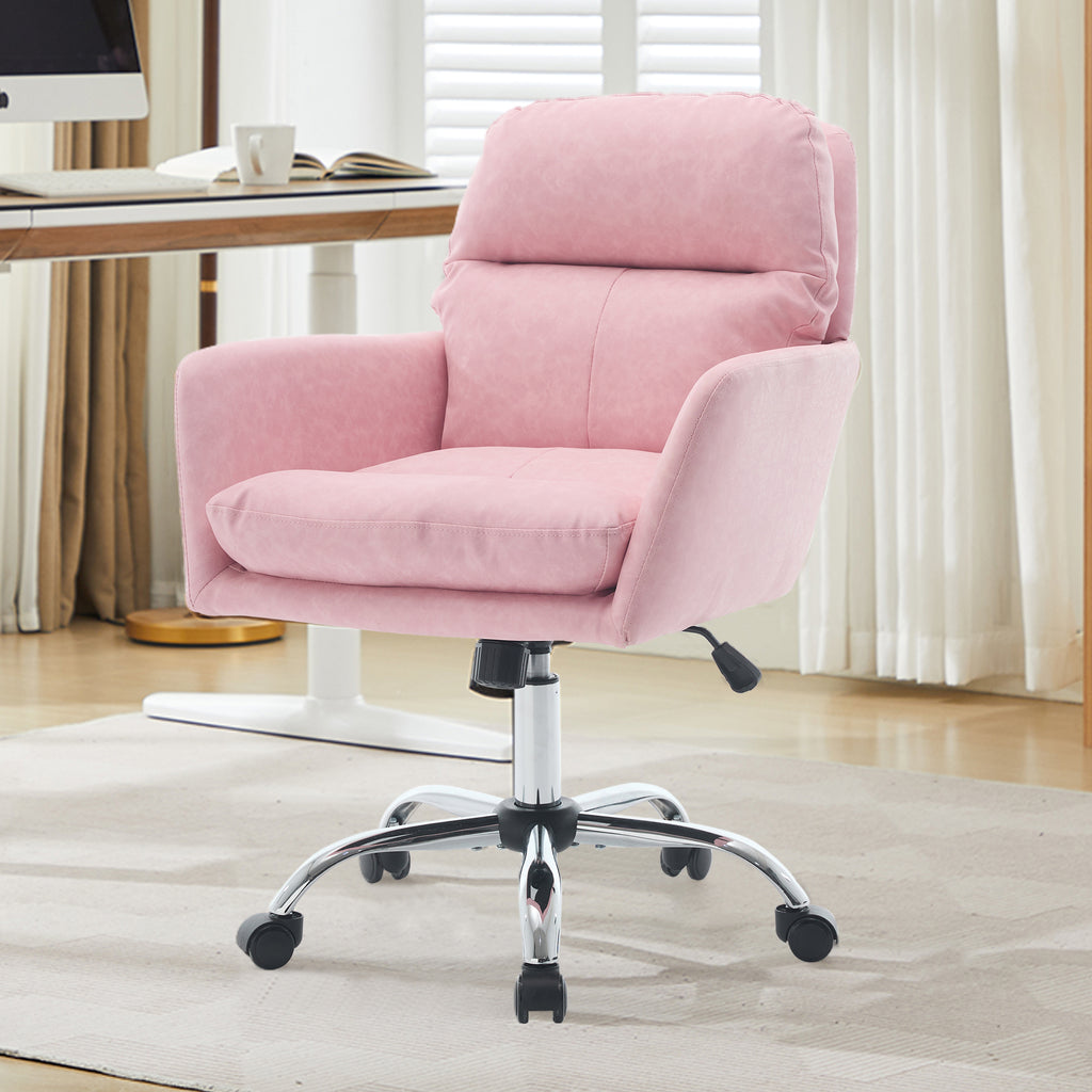 Pink PU Leather Office Chair with Adjustable Height, Black Base, Ergonomic Design for Office, Bedroom, and Dressing Table - G
