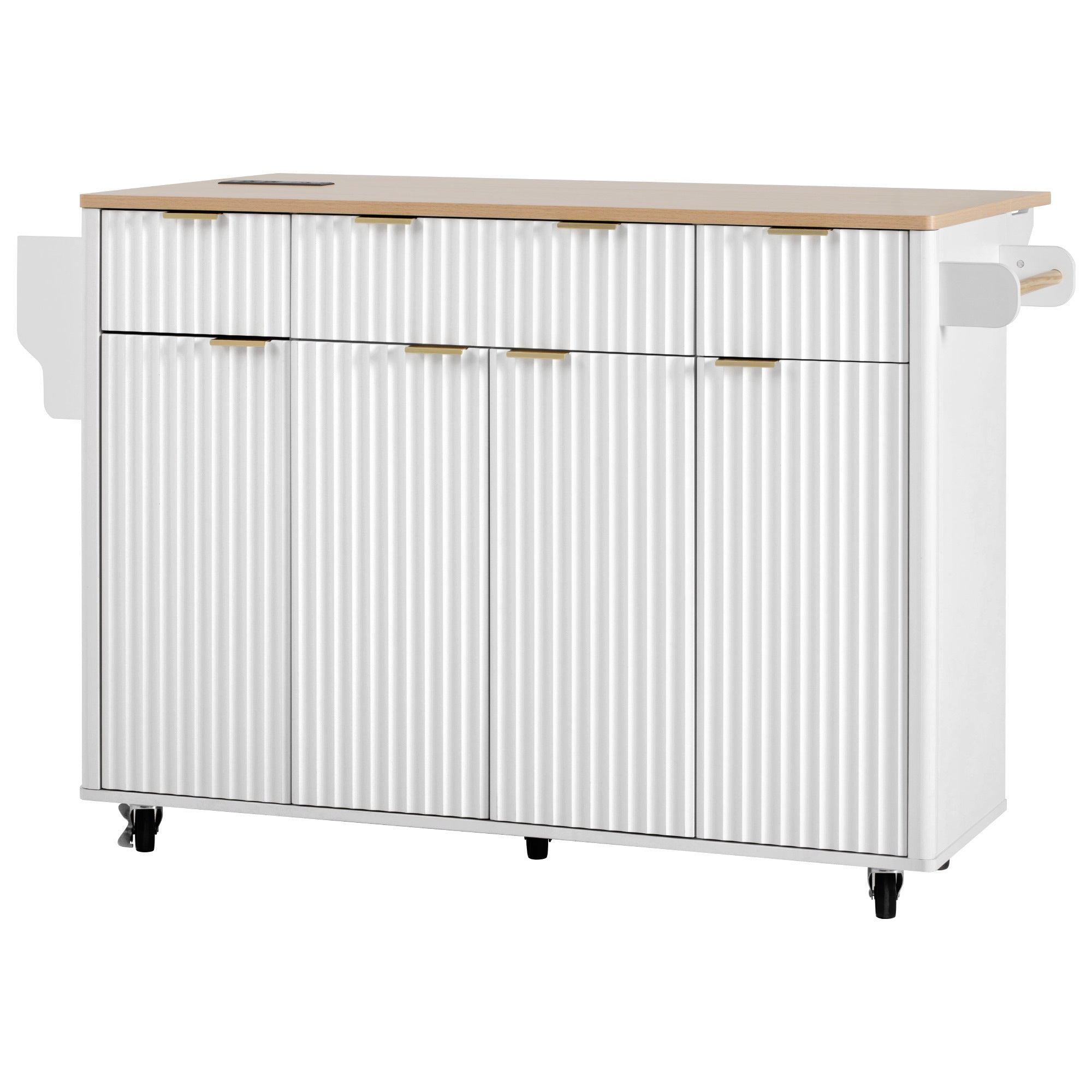 K&K Fluted Kitchen Island with Storage, 55.5' Kitchen Island with Drop Leaf, Power Outlet, 4 Doors and 3 Drawers, Rolling Island Table with Wood-grain Top, Curved Edge for Kitchen,Dining Room White - Grand Goldman Shop