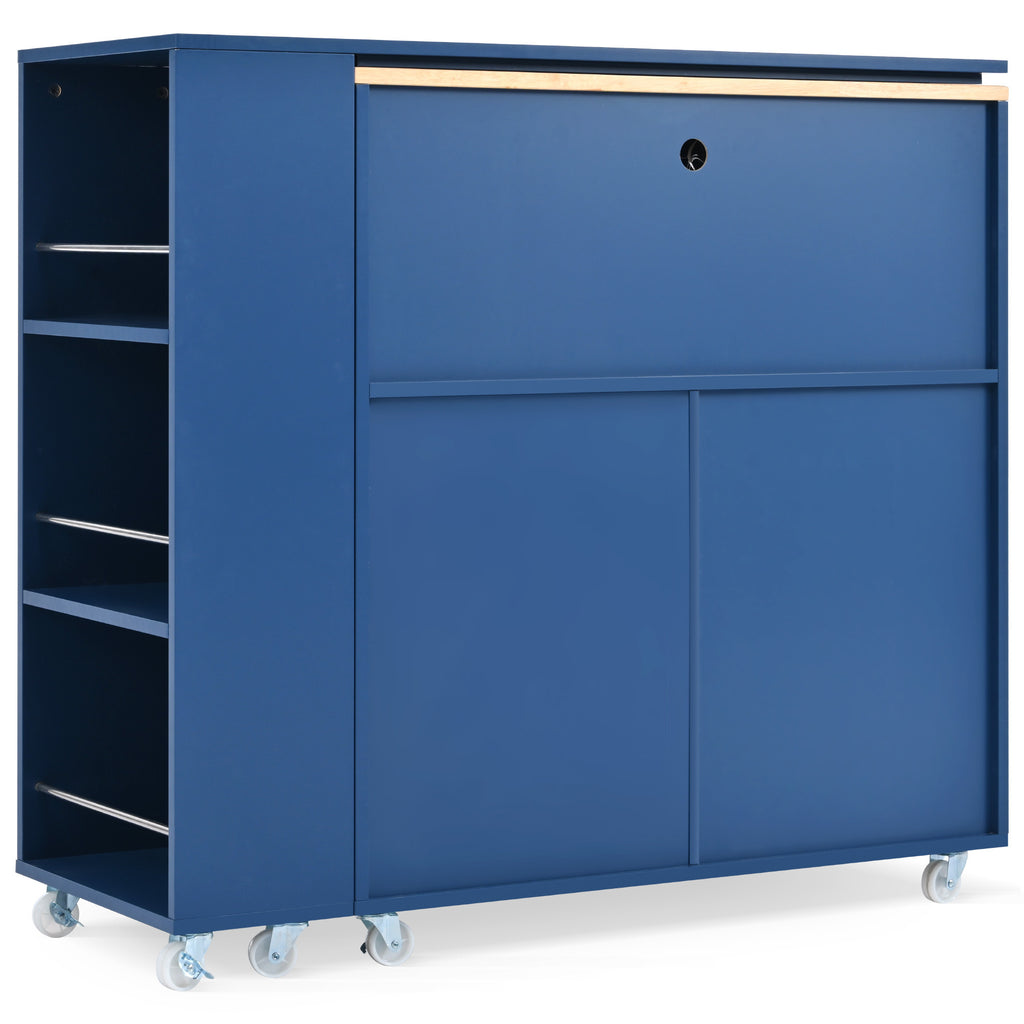 K&K Rolling Kitchen Island With Extended Table, Kitchen Island on Wheels with LED Lights,Power Outlets and 2 Fluted Glass Doors, Kitchen Island with a Storage Compartment and Side 3 Open Shelves, Navy - Grand Goldman Shop