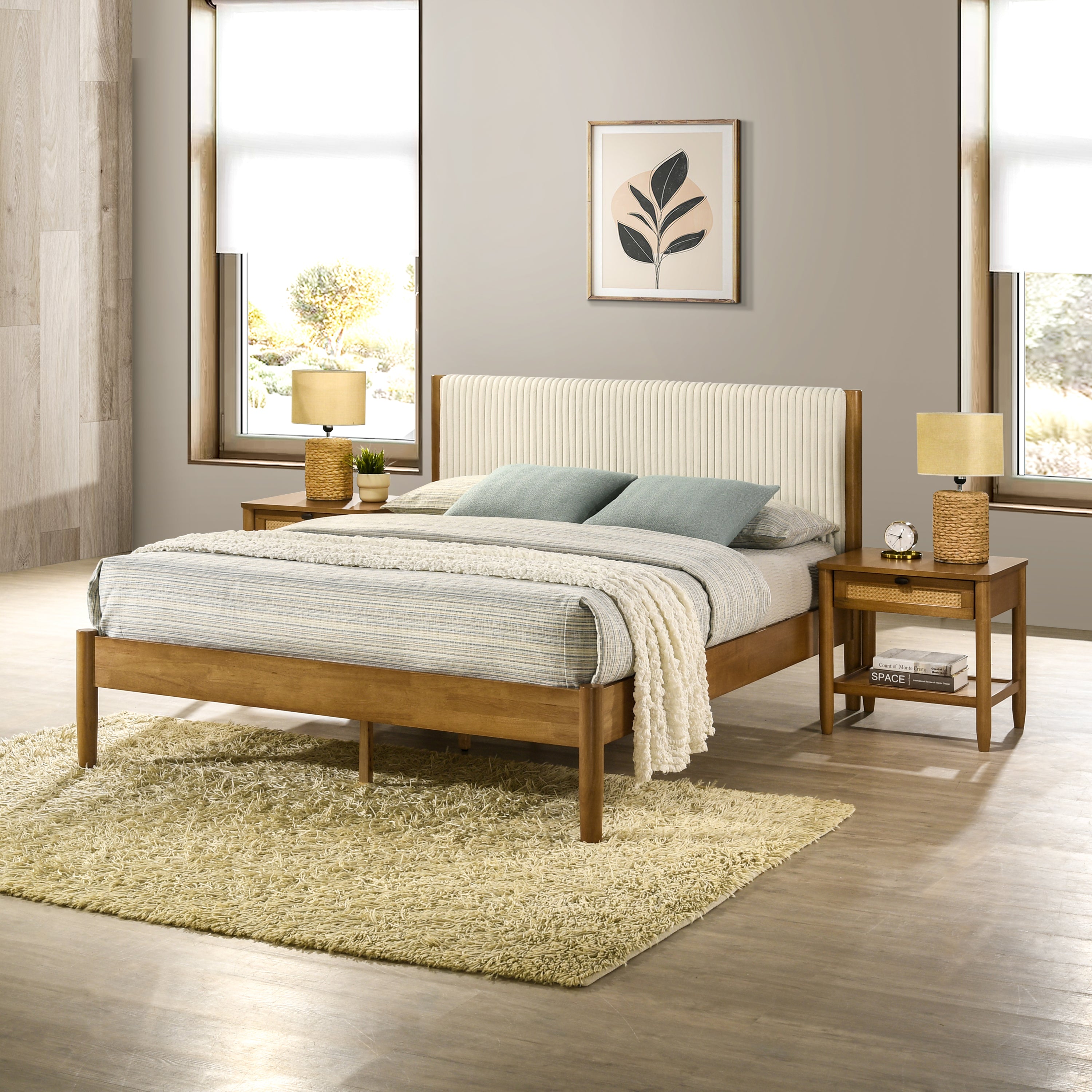 Vichy 3-Piece Rubberwood Corduroy Bedroom Set, Platform Bed with Two Nightstands, Queen - Grand Goldman Shop