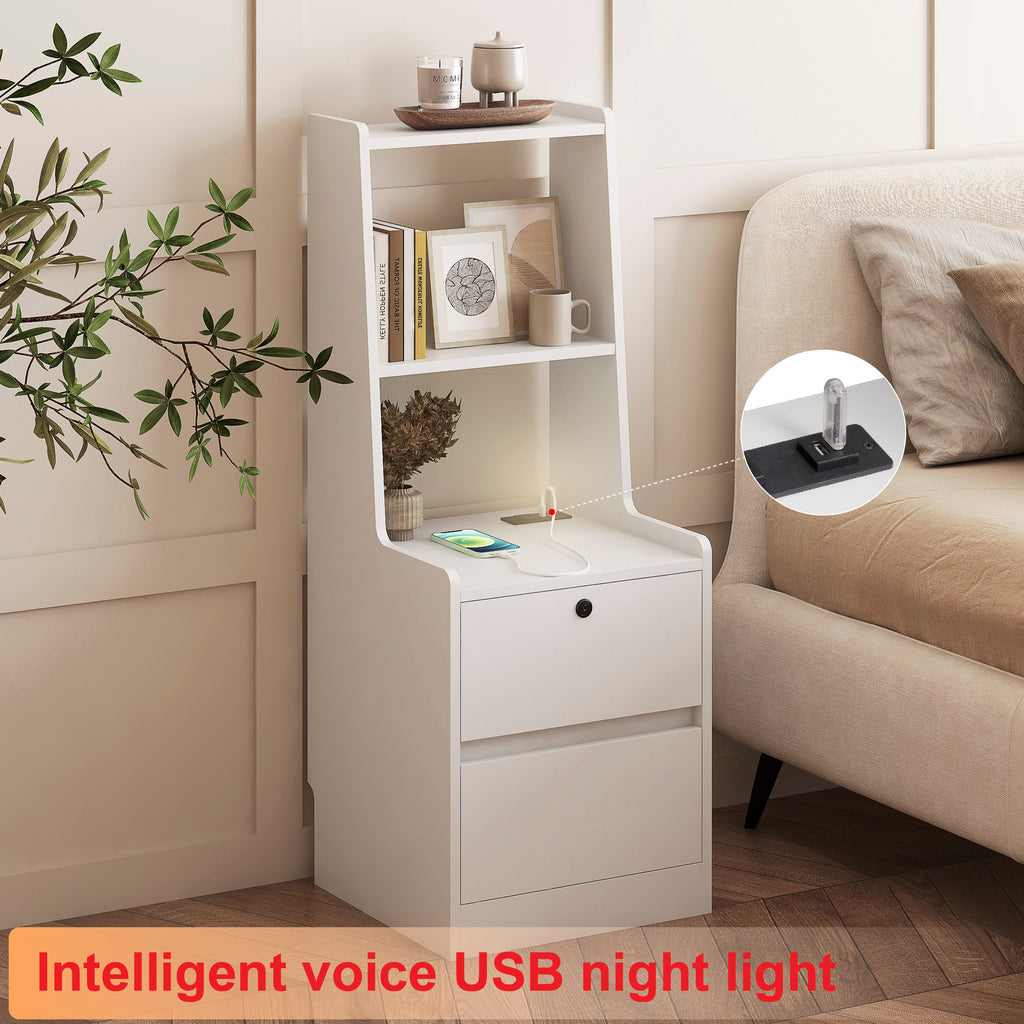 Nightstand with Charging Station, Smart Nightstand with Night Light, Modern Night Stand with Bookshelf, Bedside Tables with Storage Cabinet for Bedroom, White - Grand Goldman Shop