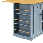 K&K 53inch Large Kitchen Island with 2 Bar Stools,Power Outlet,Door Internal Storage Rack,Kitchen Storage Cart on 5 Wheels with Drop Leaf,5 Open Side Racks,3 Drawers,Grey Blue (Three Packages) - Grand Goldman Shop