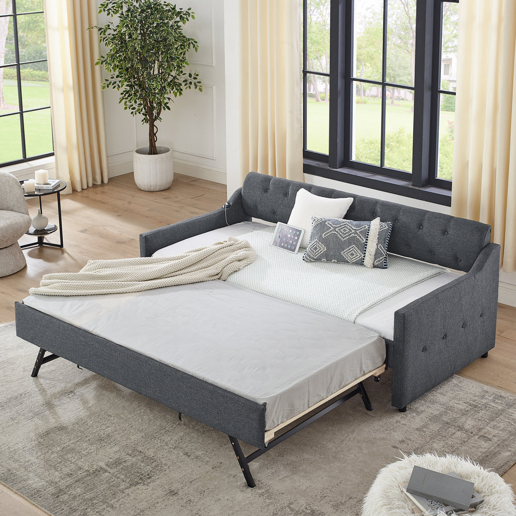 Twin Size Upholstered Daybed with Trundle and USB Charging, Dark Gray Linen - Grand Goldman Shop
