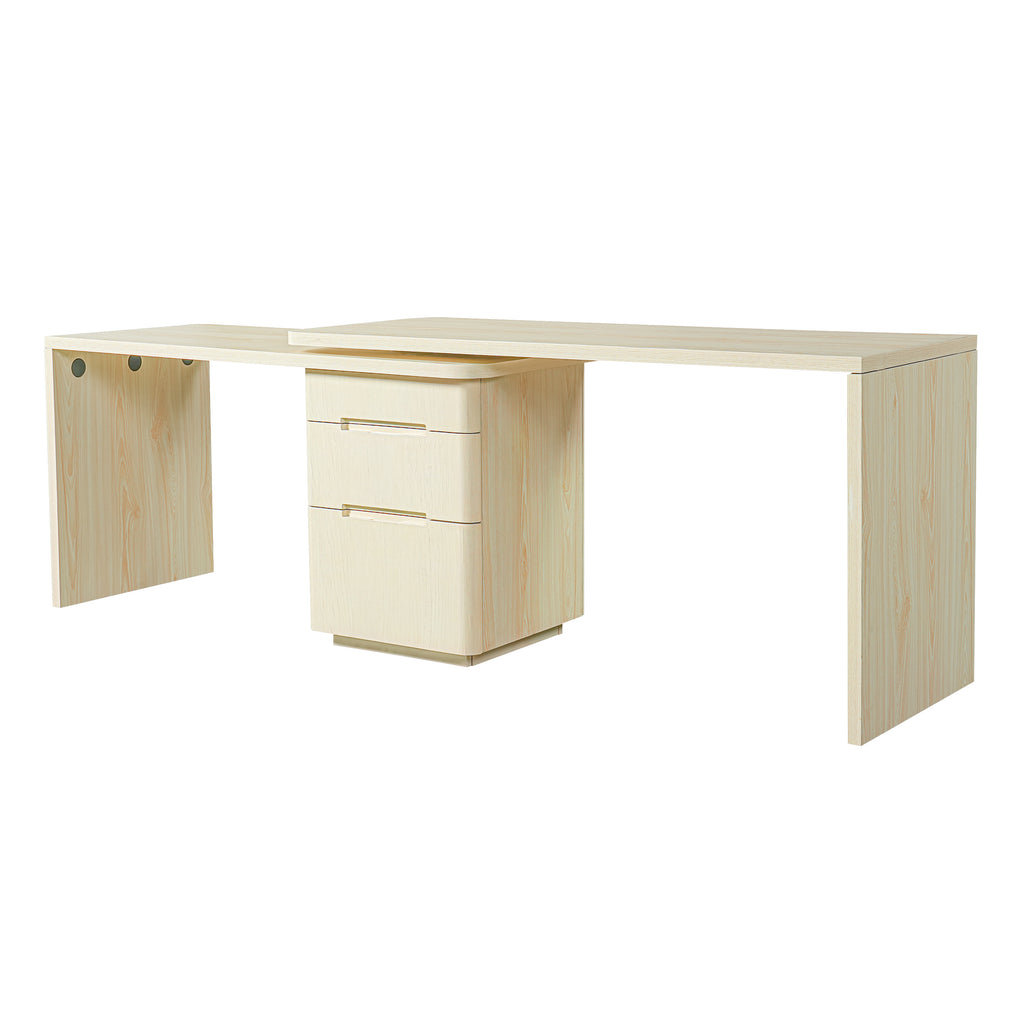 90' Modern L Shaped Desk in Natural Wood with 3 Drawers,360° Wood Rotating Desk,Executive Office Desk,Corner Desk,Office Stud