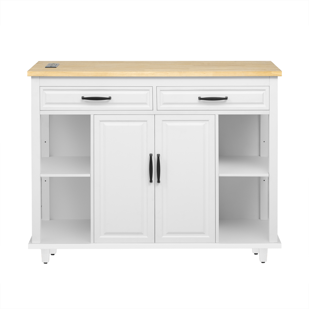 K&K 47 inch Kitchen Island with Extendable Dining Table, Rubber Wood Veneer Kitchen Table with Internal Storage Rack, Power Outlet, Kitchen island with Storage 2 Drawers 2 Cabinet,White - Grand Goldman Shop