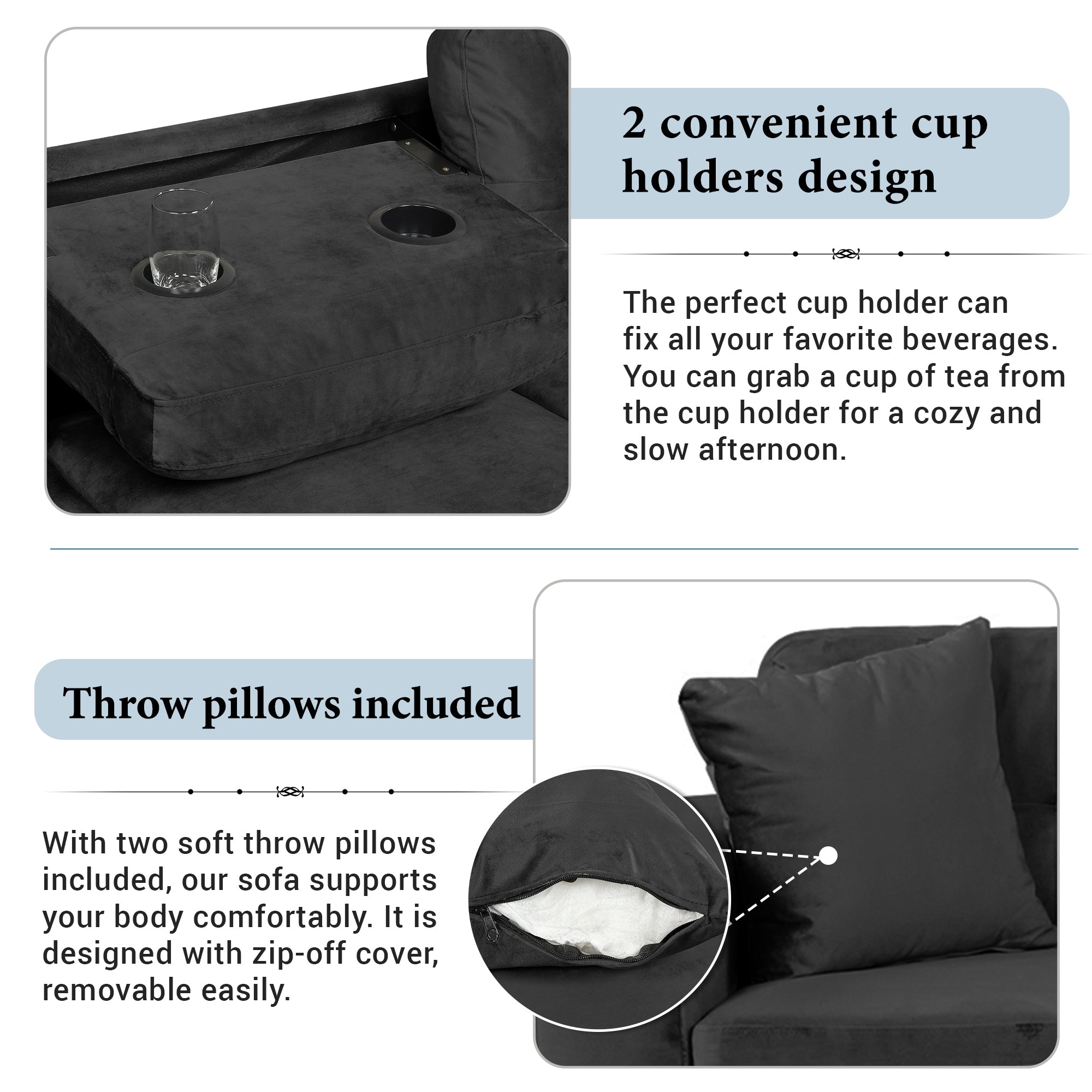 Modern Sectional Sofa with Storage Ottoman, L-Shape Couch with 2 Pillows and Cup Holders, Black Velvet, 105' - Grand Goldman Shop