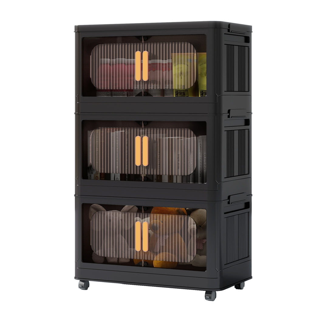 Black, 20' Side Wide Folding Storage Cabinet ,3 Tiers,19.69'×11.81'×31.10',Collapsible Storage Bins with Magnetic Door, Plastic Storage Cabinet with Wheels - Grand Goldman Shop