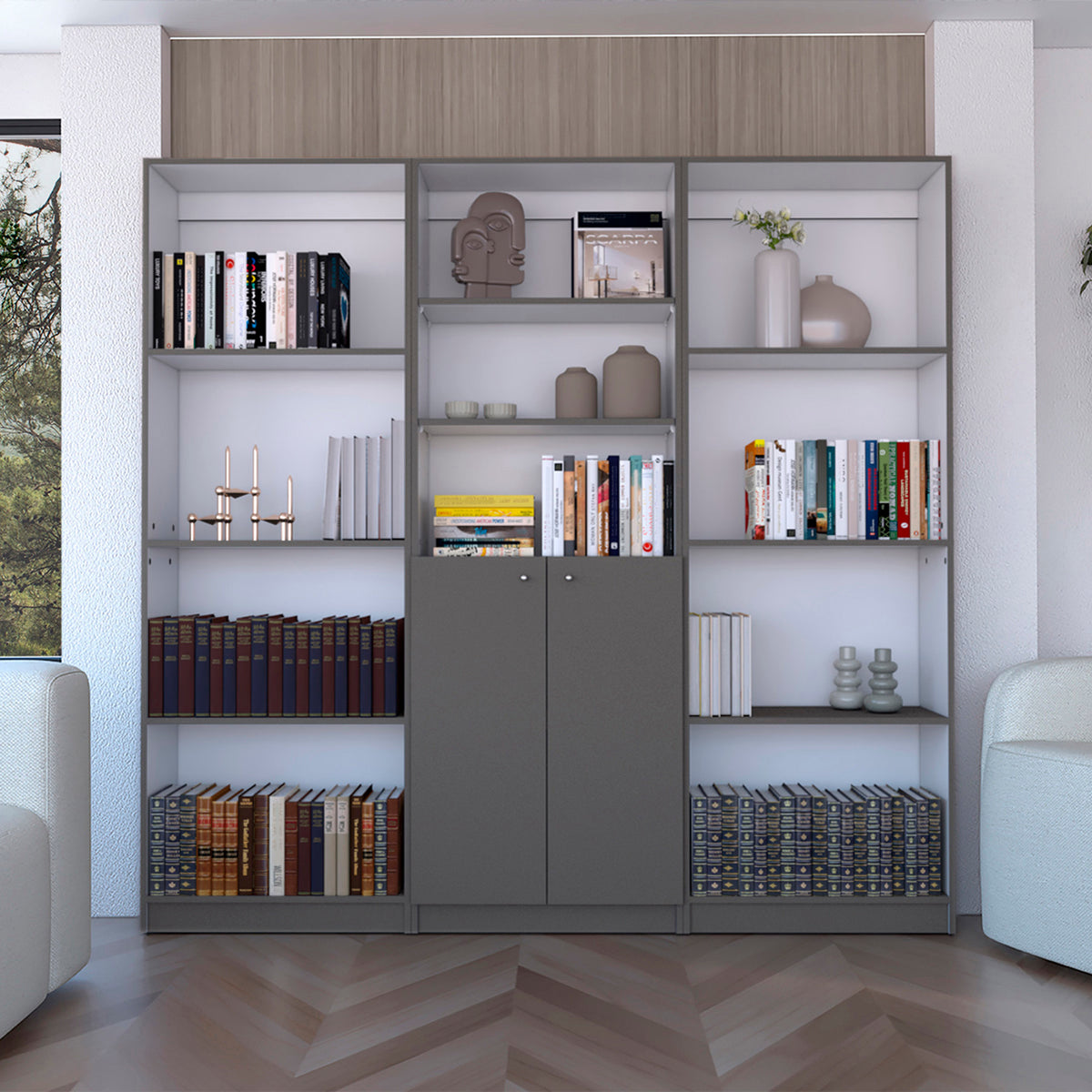 Duette 3 Piece Home Bookcase set, 74' Wide with 11 Shelves and 2-door Cabinet ,  Living Room Set  Matt Gray / White - Grand G