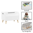 Wooden Toy Box with Front Bookshelf, Flip-Top Lid, Safety Hinge for Kids Room Organization in White, Solid Wood & MDF Constru