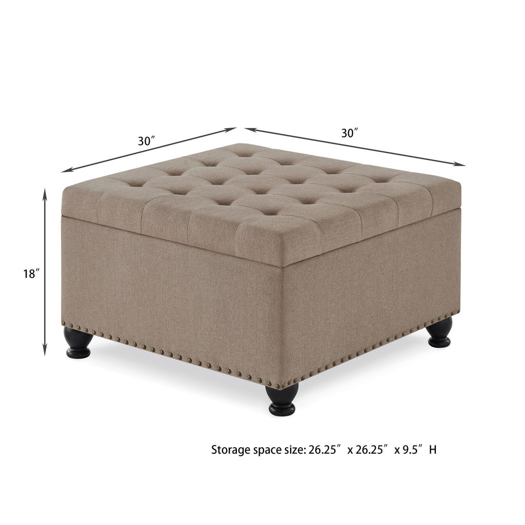 Large square storage ottoman with wooden legs, Upholstered button tufted coffee table with nail trims for for Living Space,Linen - Grand Goldman Shop