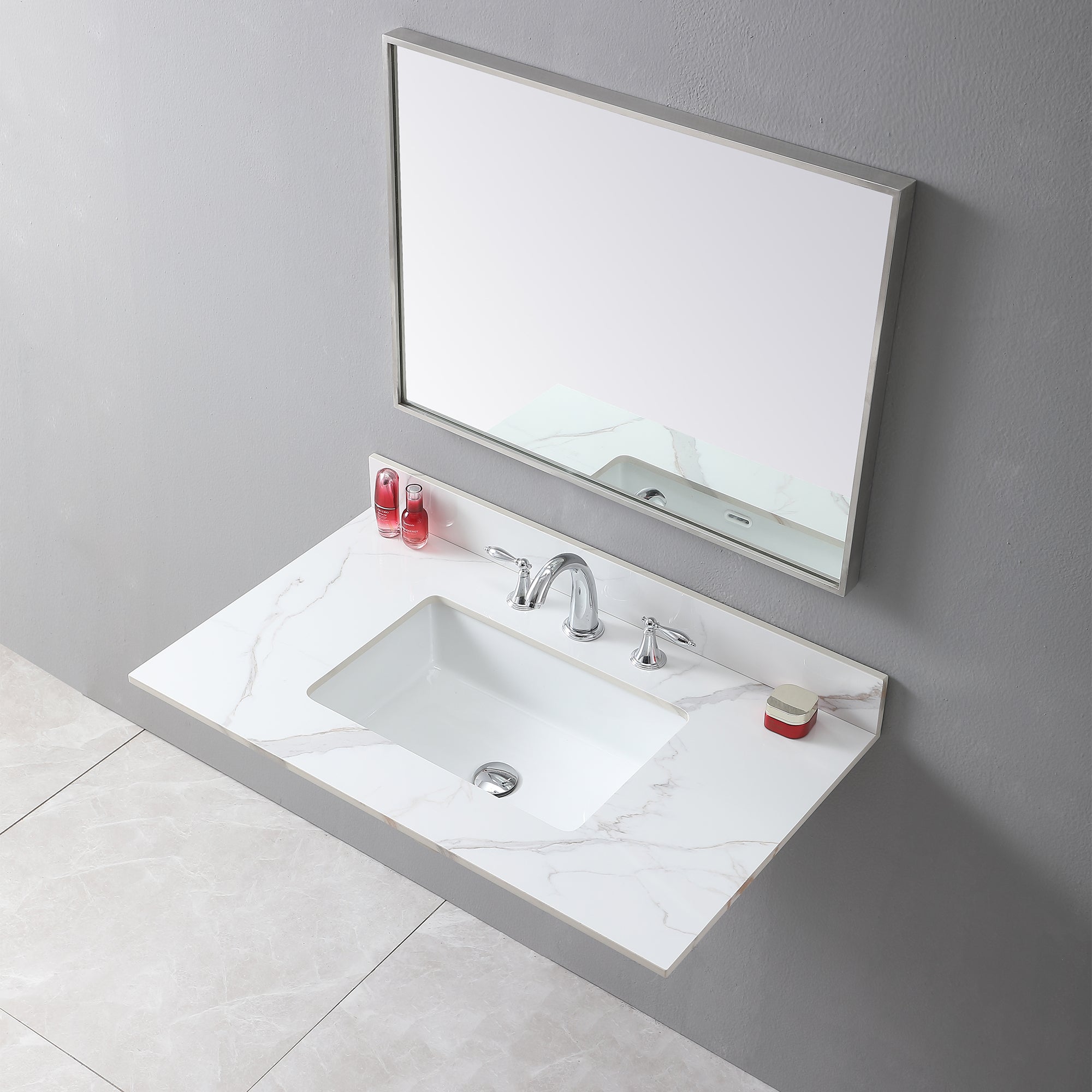 Montary 37inch bathroom vanity top stone carrara gold new style tops with rectangle undermount ceramic sink and 3 faucet hole for bathroom cabinet - Grand Goldman Shop