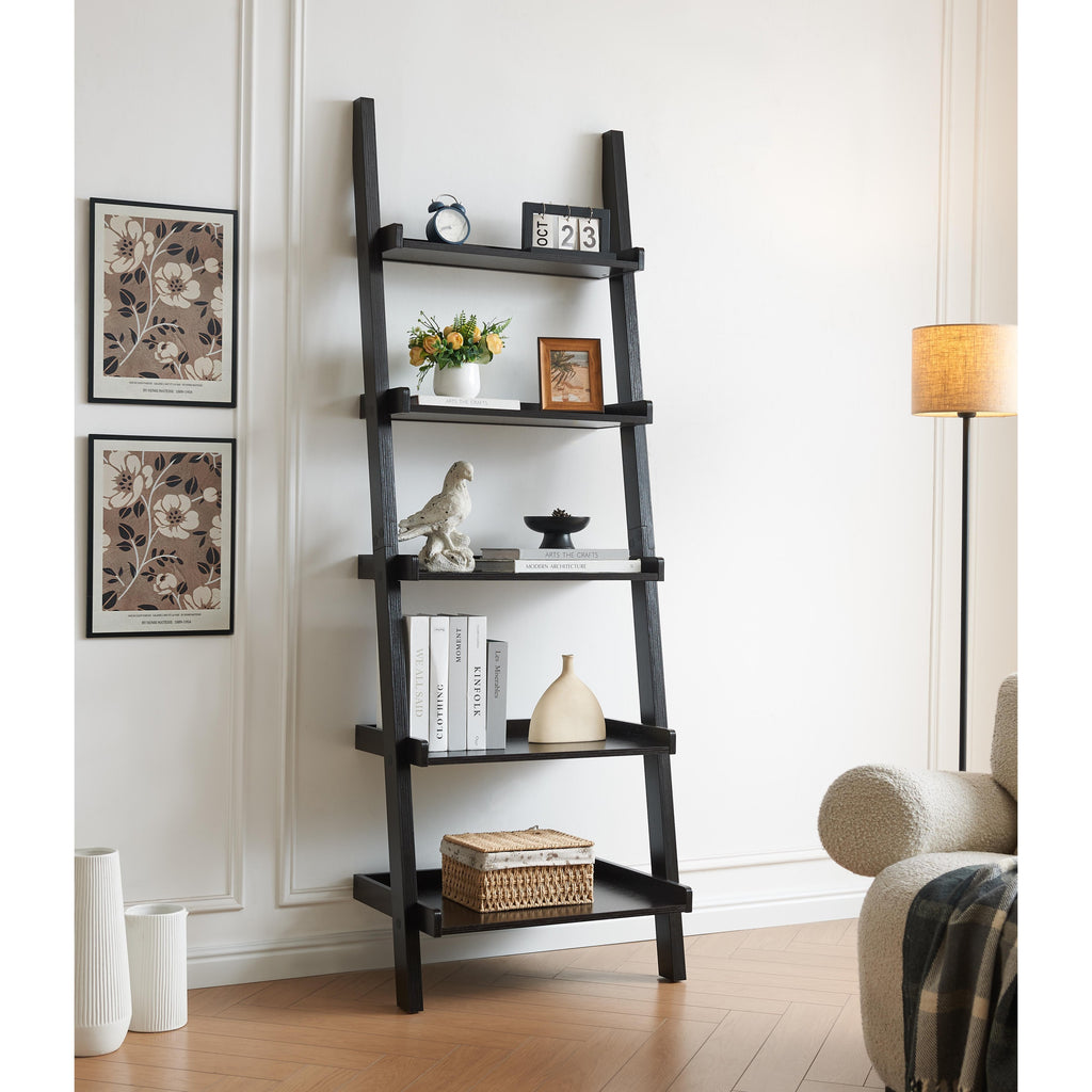Bookcase ladder five shelf popular modern design multi-depth shelves with rounded shelf barrier corners - Grand Goldman Shop
