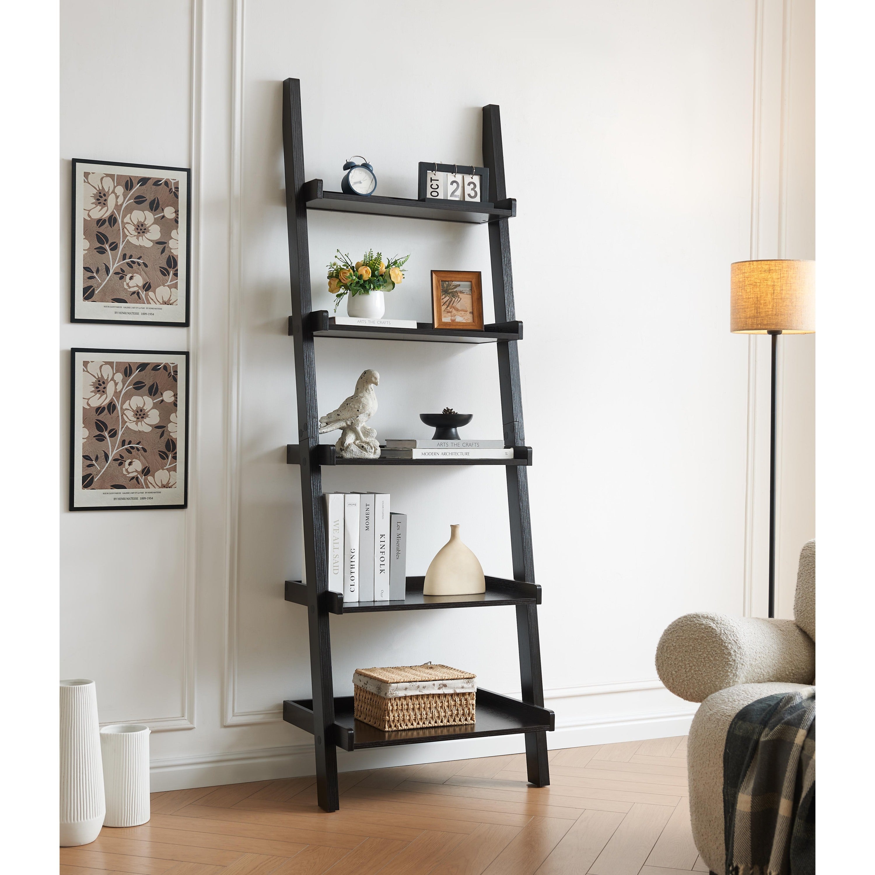 Bookcase ladder five shelf popular modern design multi-depth shelves with rounded shelf barrier corners - Grand Goldman Shop