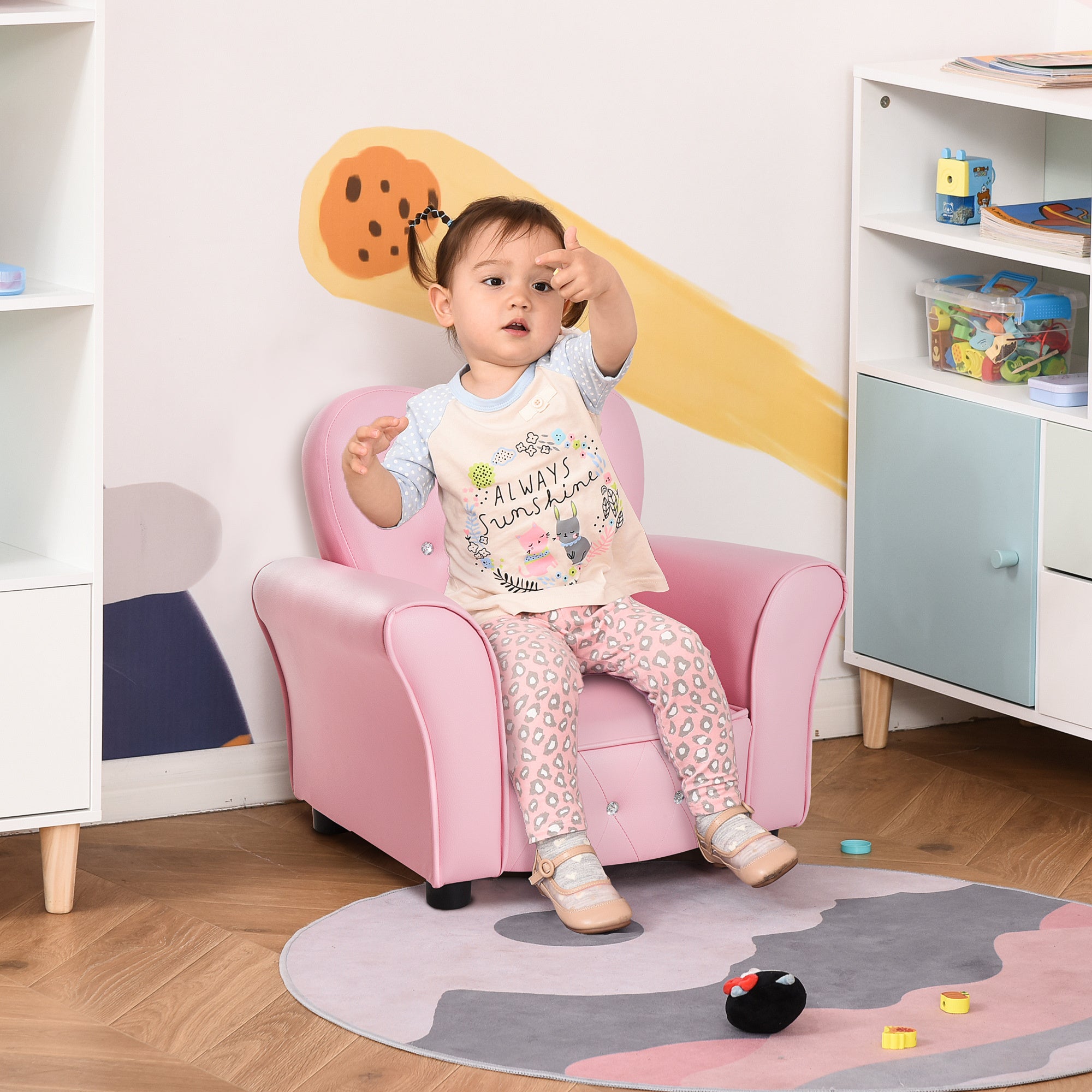 Qaba Kids Sofa Toddler Tufted Upholstered Sofa Chair Princess Couch Furniture with Diamond Decoration for Preschool Child, Pi
