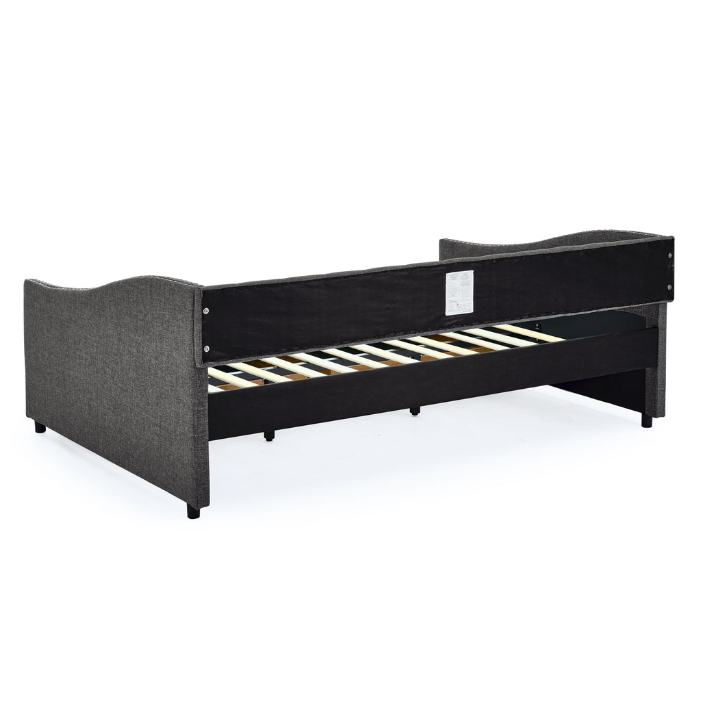 Mid-Century Style Upholstered Daybed with Drawers, Dark Grey Linen Fabric, Button Tufted Back, Copper Nail Trimmed Waved Arms, 80.5''x55.5''x27.5'' - Grand Goldman Shop
