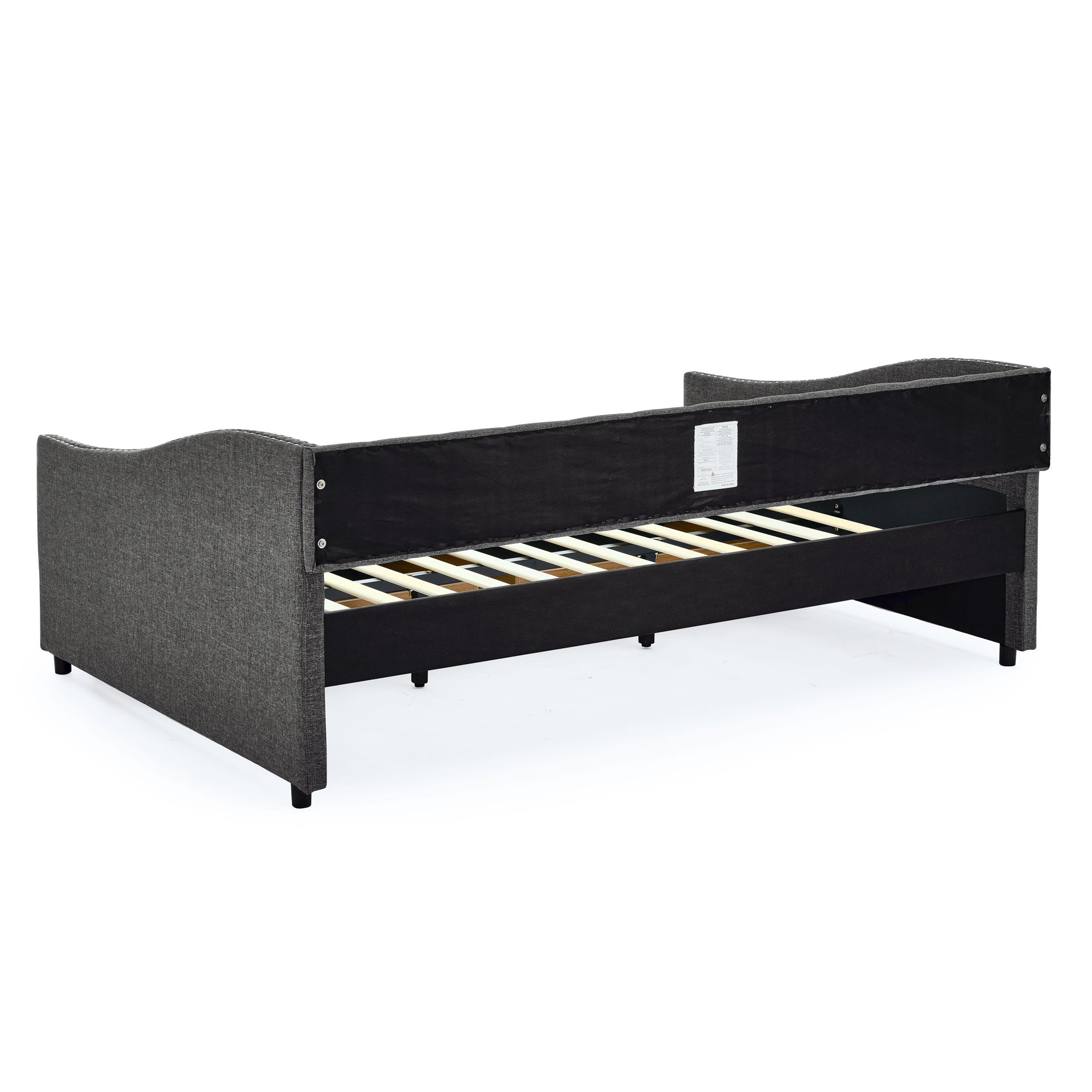 Mid-Century Style Upholstered Daybed with Drawers, Dark Grey Linen Fabric, Button Tufted Back, Copper Nail Trimmed Waved Arms, 80.5''x55.5''x27.5'' - Grand Goldman Shop