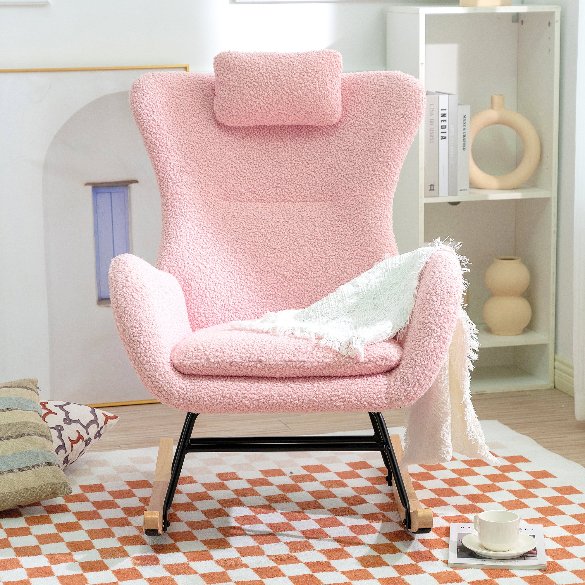 Rocking Chair Nursery, Teddy Upholstered Rocker Glider Chair with High Backrest, Adjustable Headrest & Pocket, Comfy Glider Chair for Nursery, Bedroom, Living Room, Offices, Rubber wood, pink - Grand Goldman Shop