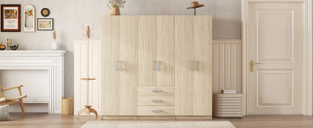 6-Doors Wooden Wardrobe Storage for Bedroom, with Big Drawers, Natural - Grand Goldman Shop