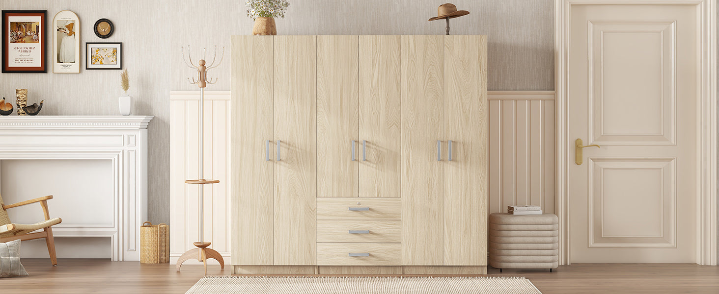 6-Doors Wooden Wardrobe Storage for Bedroom, with Big Drawers, Natural - Grand Goldman Shop