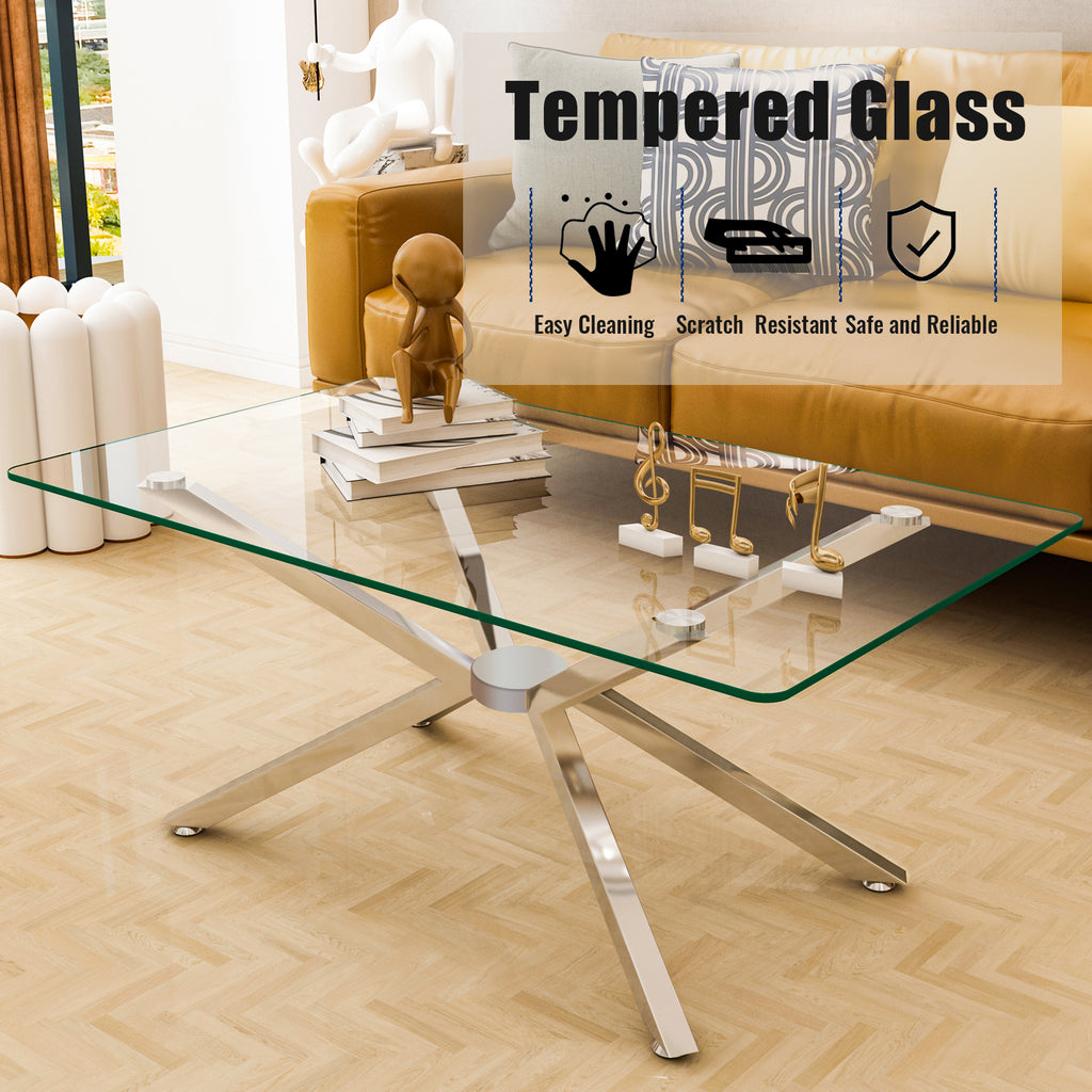 39.37' Rectangular Clear Tempered Glass Coffee Table,Stylish Design with silver Metal Legs, Coffee Table for Living Room - Grand Goldman Shop