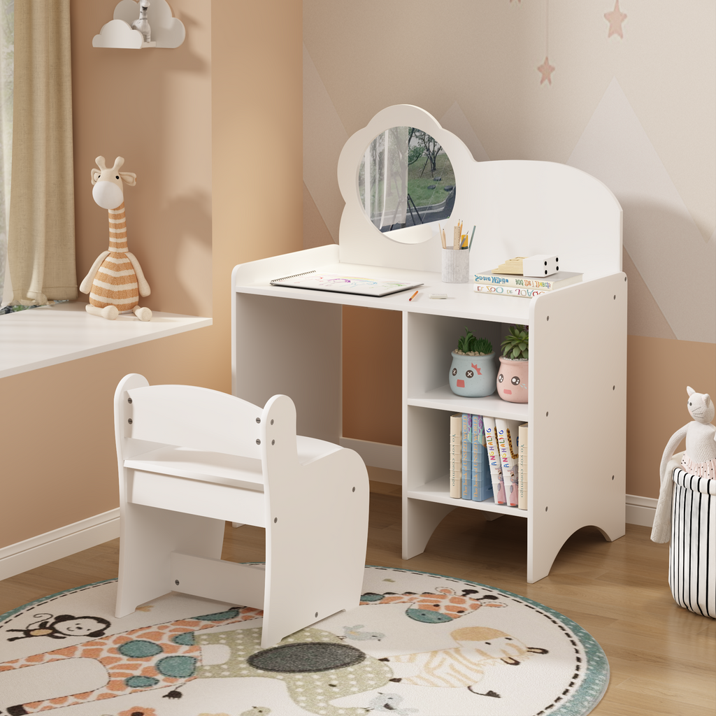 Kids Vanity Table with Mirror and Chair, Wooden Children's Dressing Makeup Desk with Storage Shelves, Study and Activity Tabl