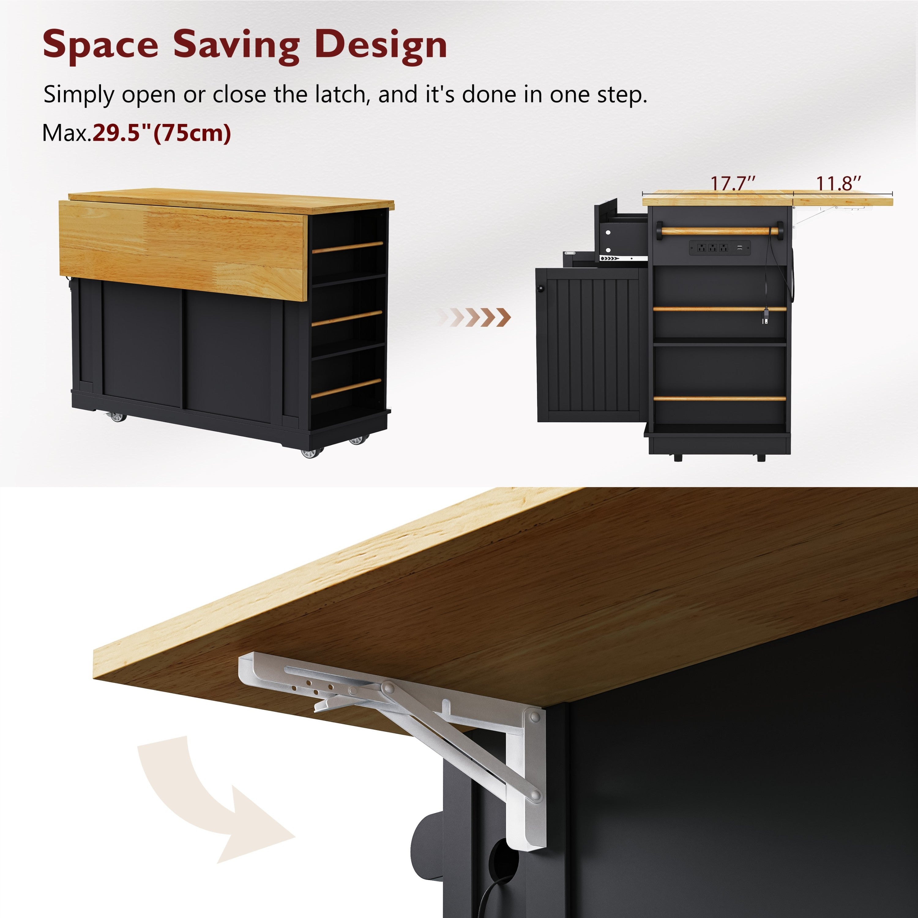 48 inch Kitchen Island with Drop Leaf,Power Outlet,Internal Storage Rack,Rolling Kitchen Storage Cart on 5 Wheels with 5 Open Side Racks,for Kitchen,Black (Old SKU N707P257057B)(Not Include Stools) - Grand Goldman Shop