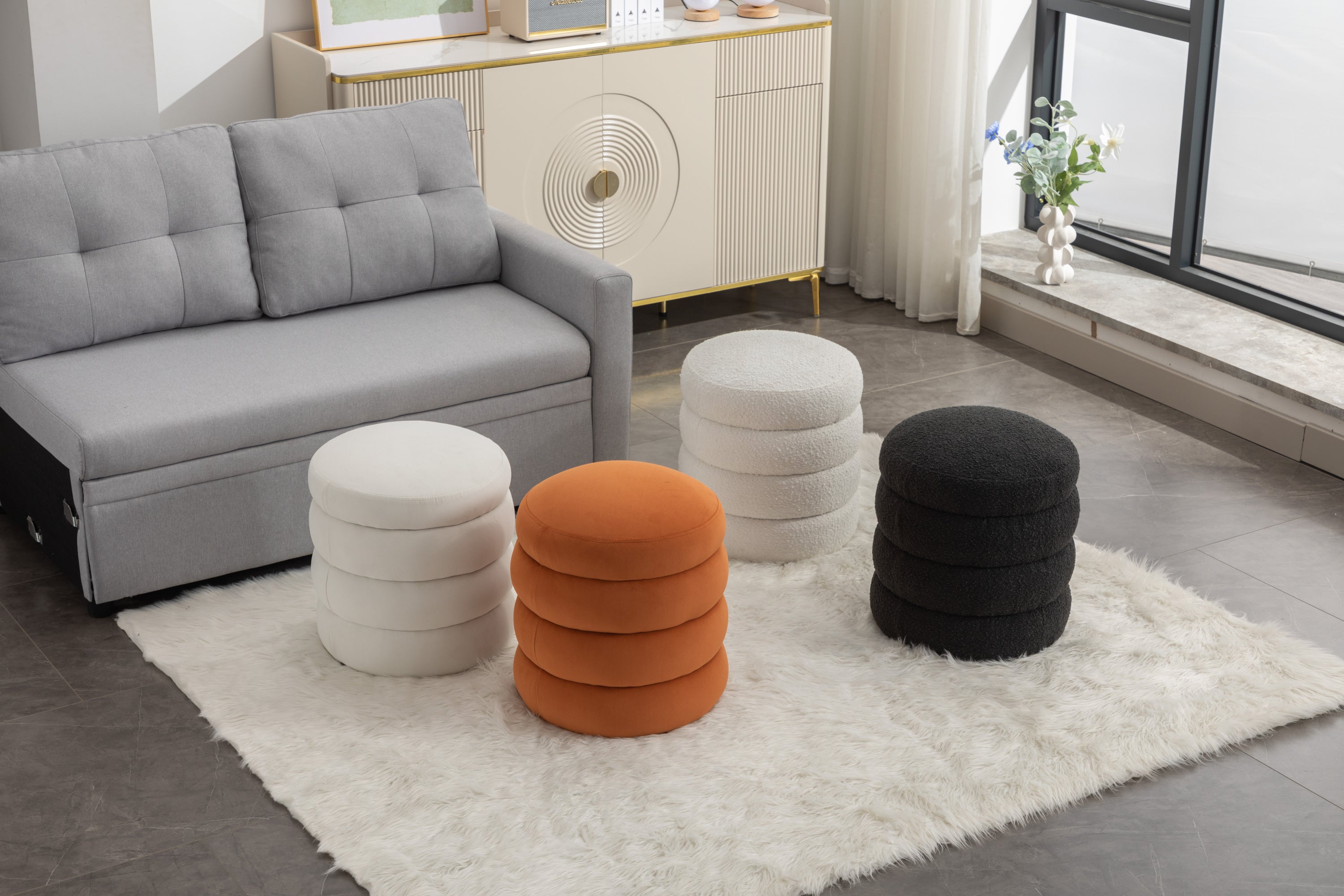 006-Soft Velvet  Round Ottoman Footrest Stool,Ivory - Grand Goldman Shop