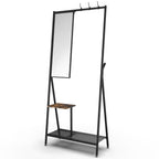 Coat Rack with Mirror, Multifunctional Hall Tree with Shoe Storage, Metal Frame, for Living Room Bedroom 73x32x15 Inches, Industrial Style, Rustic Brown and Black - Grand Goldman Shop