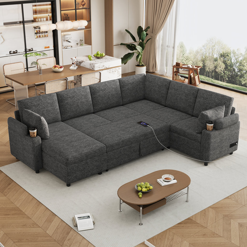 Versatile U-Shaped Sectional Sofa Bed with Storage, Cup Holders, Charging Ports in Grey Chenille - Grand Goldman Shop
