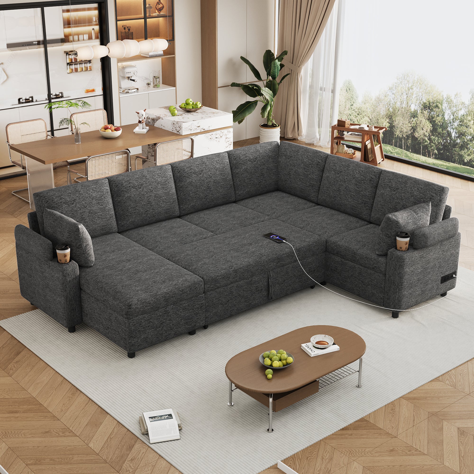 Versatile U-Shaped Sectional Sofa Bed with Storage, Cup Holders, Charging Ports in Grey Chenille - Grand Goldman Shop