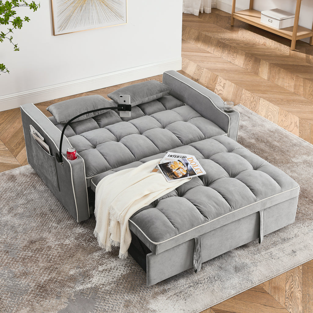 55.51 inch versatile foldable sofa bed in 3 lengths, modern sofa sofa sofa velvet pull-out bed, adjustable back and with USB port and ashtray and swivel phone stand (Grey) - Grand Goldman Shop