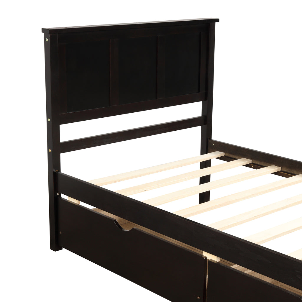 Espresso Platform Storage Bed with 2 Wheel-Base Drawers, Twin Size Frame, Pine Wood and MDF Construction - Grand Goldman Shop