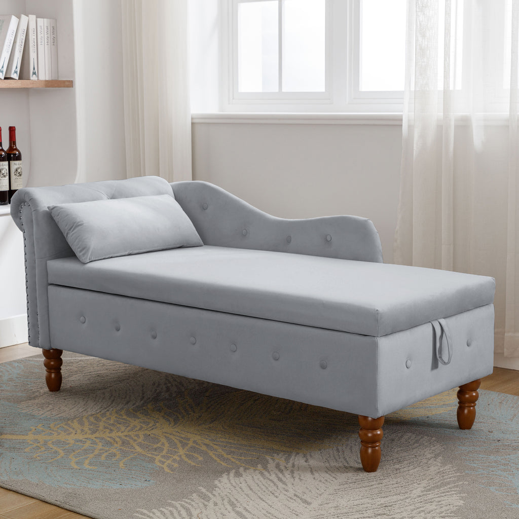Grey Chaise Lounge Indoor, Velvet Lounge Chair for Bedroom with Storage & Pillow, Modern Upholstered Rolled Arm Chase Lounge for Sleeping with Nailhead Trim for Living Room Bedroom Office - Grand Goldman Shop