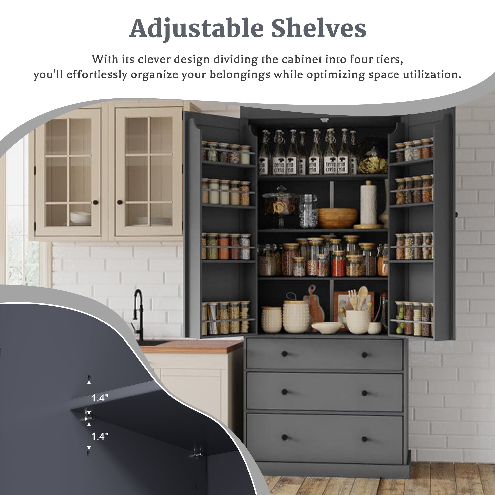 [Assembly Video Provided]TOPMAX 77inch Farmhouse Kitchen Pantry, Freestanding Tall Cupboard Storage Cabinet with 3 Adjustable Shelves, 8 Door Shelves, 3 Drawers for Kitchen, Dining Room, Gray - Grand Goldman Shop