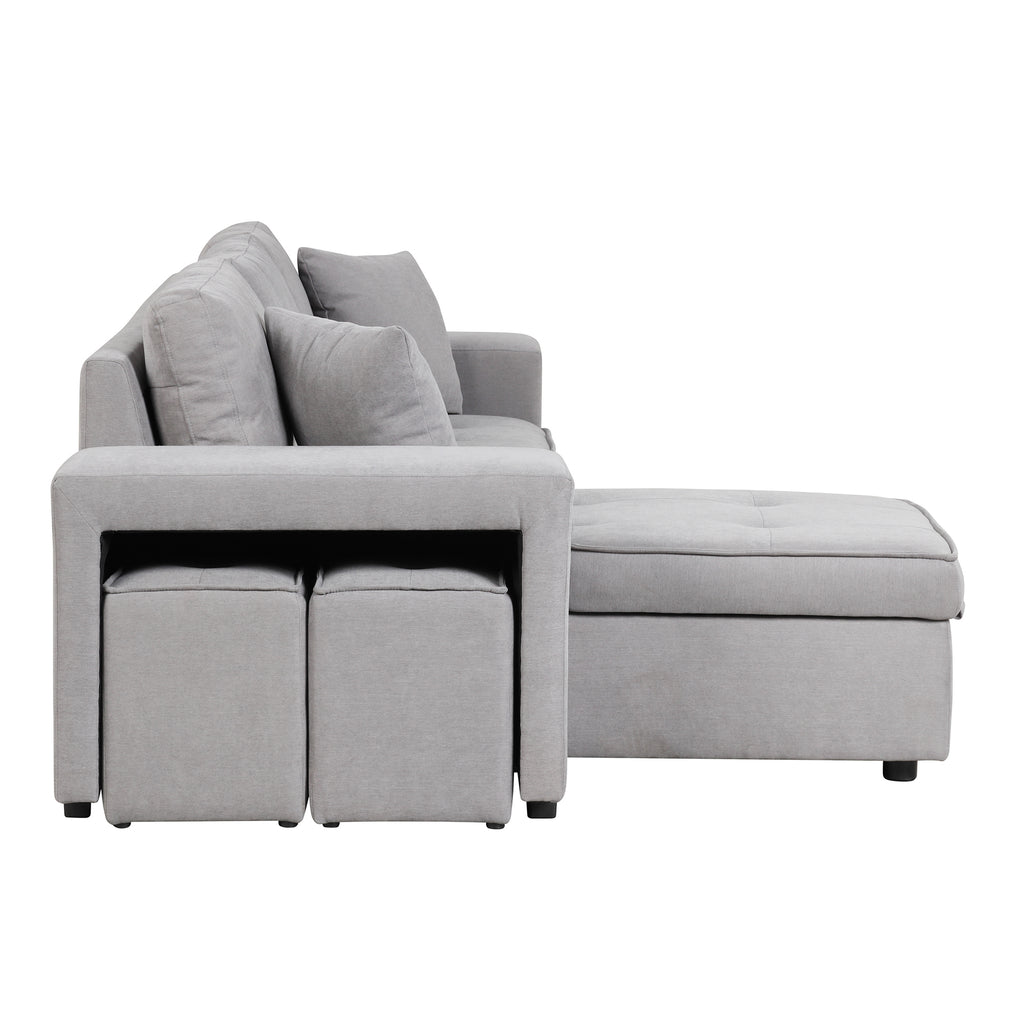 Modern Reversible L-Shape Pull Out Sleeper Sofa with Storage Chaise and Stools, Gray Linen, 104.5' - Grand Goldman Shop
