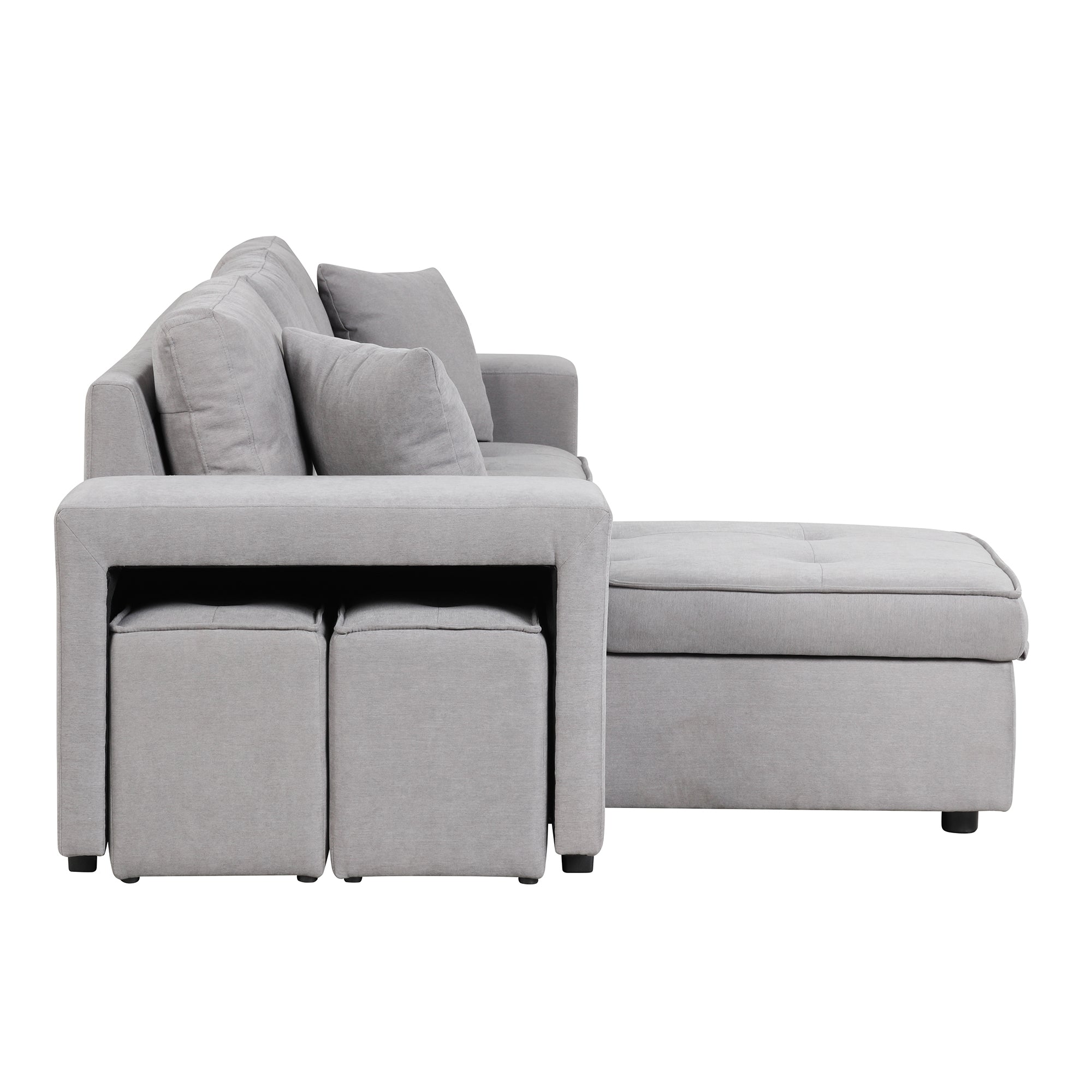 Modern Reversible L-Shape Pull Out Sleeper Sofa with Storage Chaise and Stools, Gray Linen, 104.5' - Grand Goldman Shop