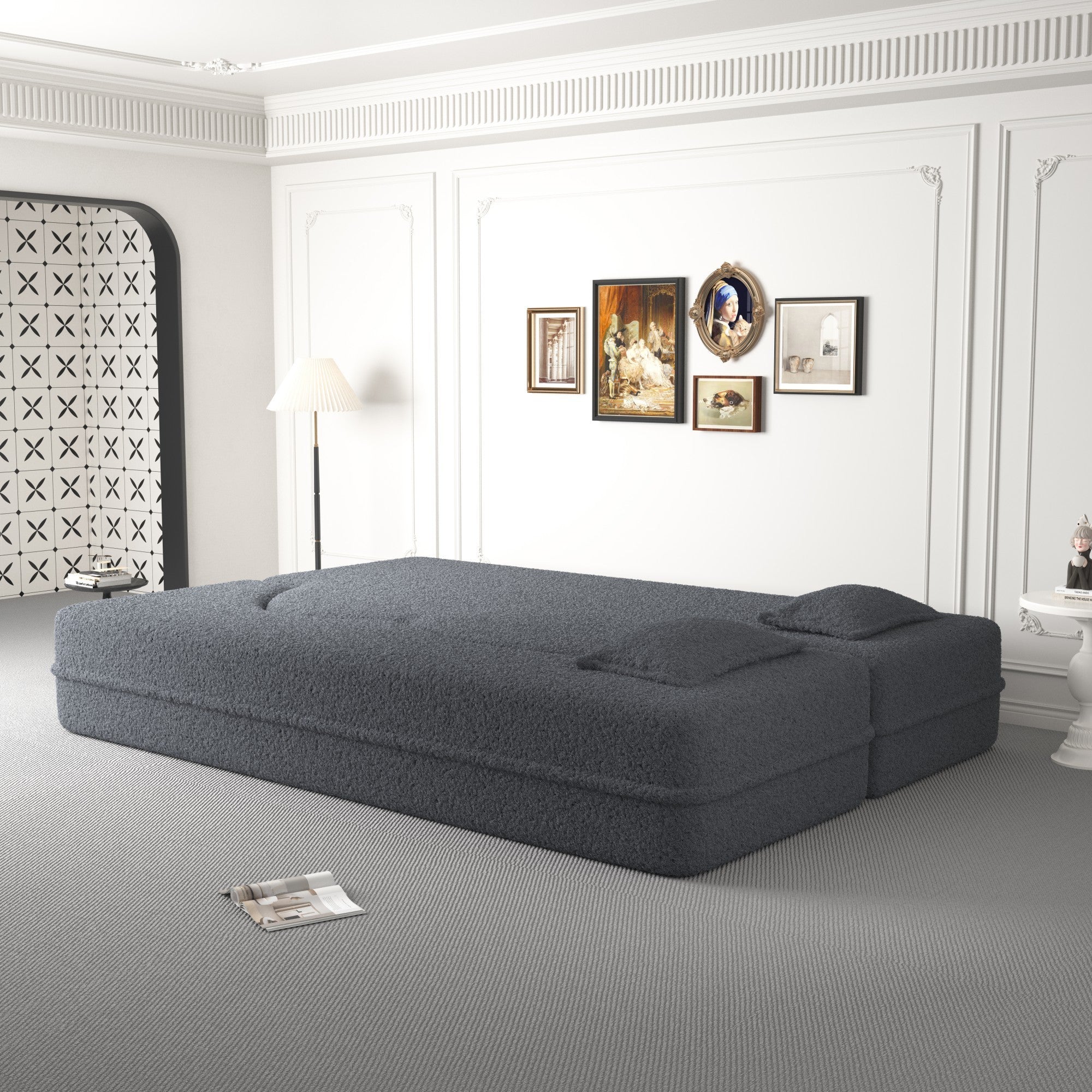 Modern Floor Sofa, with 2 Pillows, Convertible Teddy Fabric Foam Filled Bed, 15 inch Full Size Folding Mattress, Suitable for Living Room, Guest room, Game Room, Grey - Grand Goldman Shop