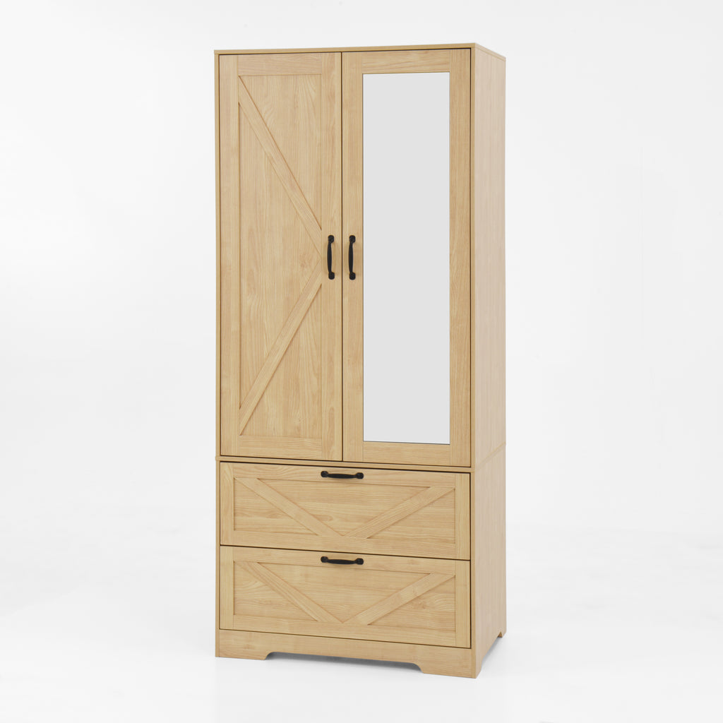2 Door Wood Wardrobe for Bedroom with Hanging Clothing Rod inside the Cabinet and 2 Drawers for Storage Organization, Built-in induction light Multifunctional Closet with Mirror, Natural - Grand Goldman Shop
