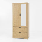 2 Door Wood Wardrobe for Bedroom with Hanging Clothing Rod inside the Cabinet and 2 Drawers for Storage Organization, Built-in induction light Multifunctional Closet with Mirror, Natural - Grand Goldman Shop