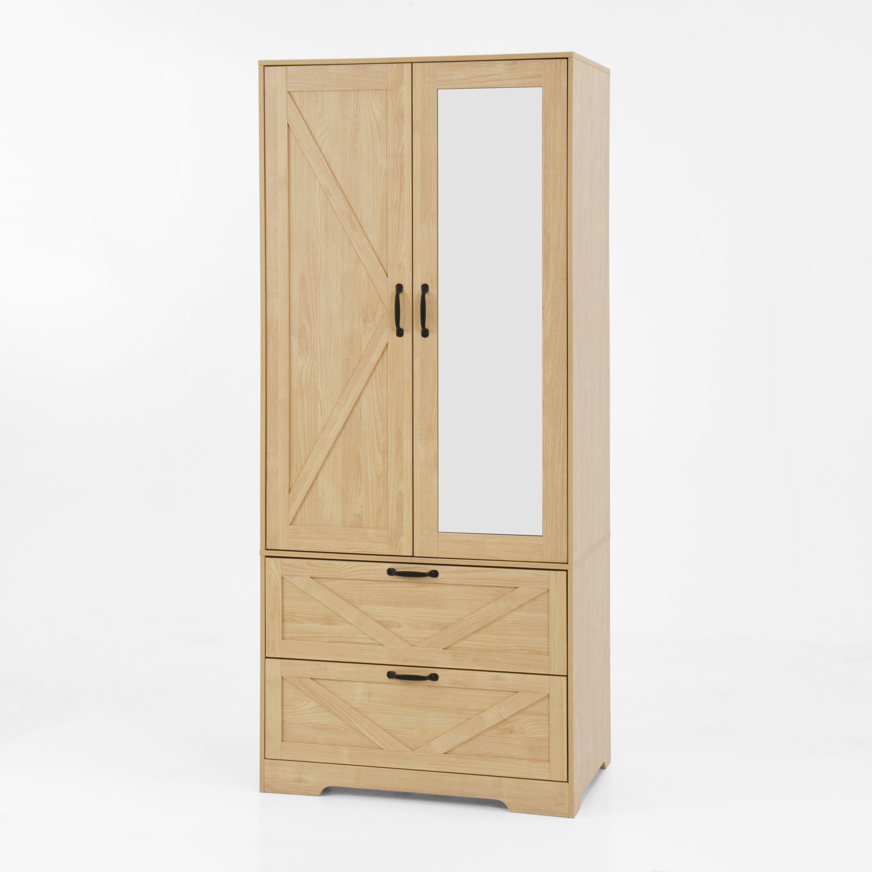 2 Door Wood Wardrobe for Bedroom with Hanging Clothing Rod inside the Cabinet and 2 Drawers for Storage Organization, Built-in induction light Multifunctional Closet with Mirror, Natural - Grand Goldman Shop