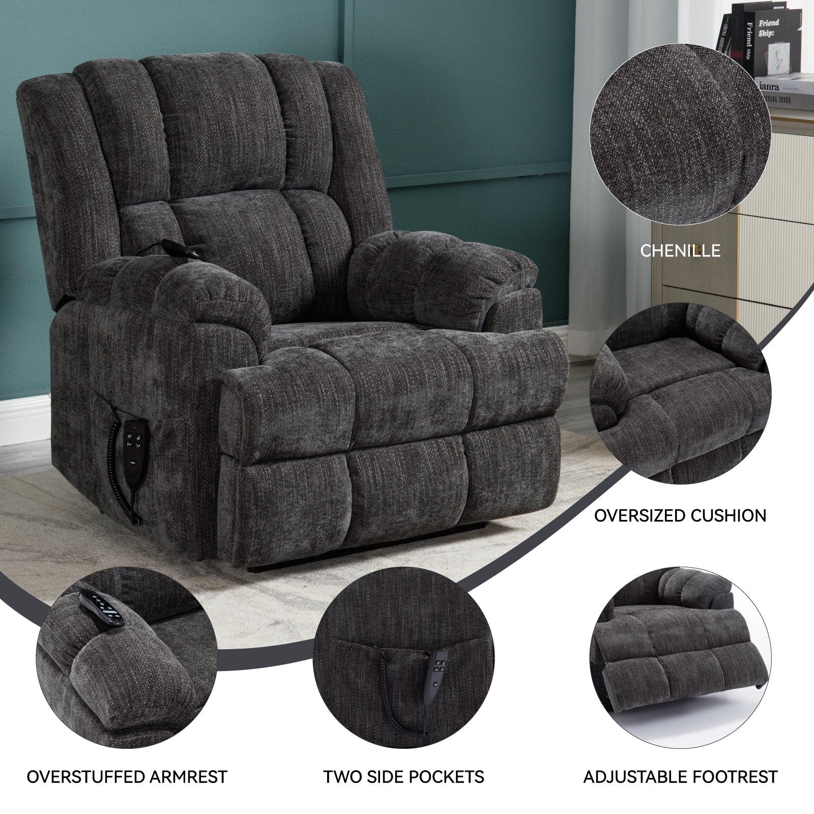 Dual Motor Heat Massage Infinite Position Up to 350 LBS Electric Power Lift Recliners with Power-Remote, Medium-firm and Heavy Duty, Grey - Grand Goldman Shop