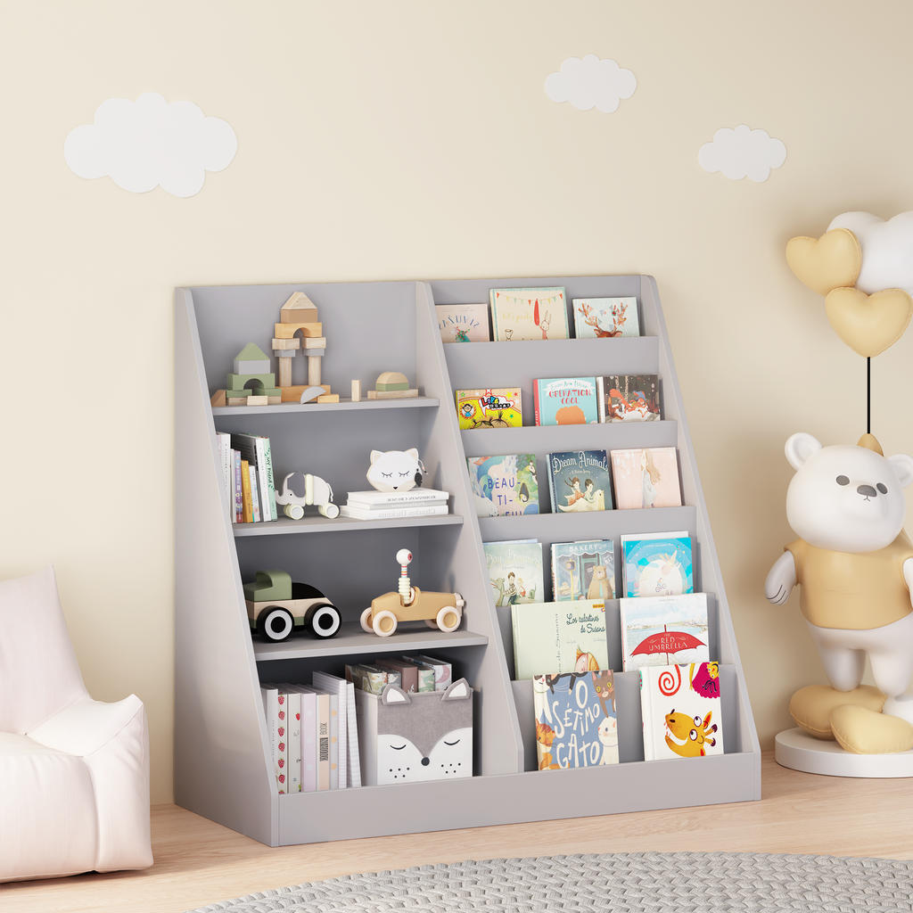 Kids Bookshelf and Toy Storage Organizer, 4-Tier Wooden Bookcase with Display Stand in Gray MDF for Nursery, Playroom, or Chi