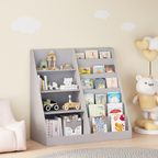 Kids Bookshelf and Toy Storage Organizer, 4-Tier Wooden Bookcase with Display Stand in Gray MDF for Nursery, Playroom, or Chi