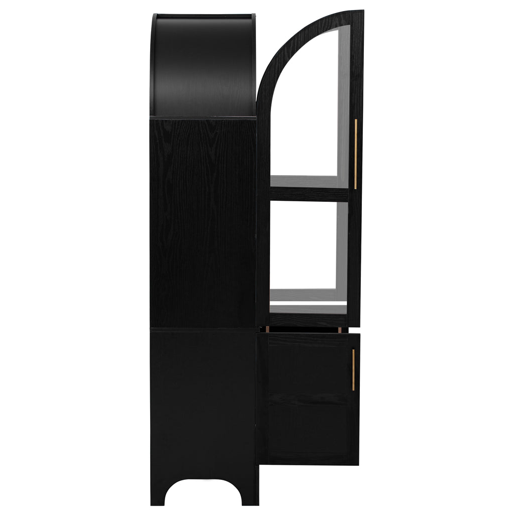 K&K 71' Tall Arched Kitchen Pantry Cabinet with Door Shelves, Farmhouse Kitchen Storage Cabinet with Open & Adjustable Shelves, Hidden Drawer & Glass Door, Cupboard for Kitchen, Dining Room, Black - Grand Goldman Shop